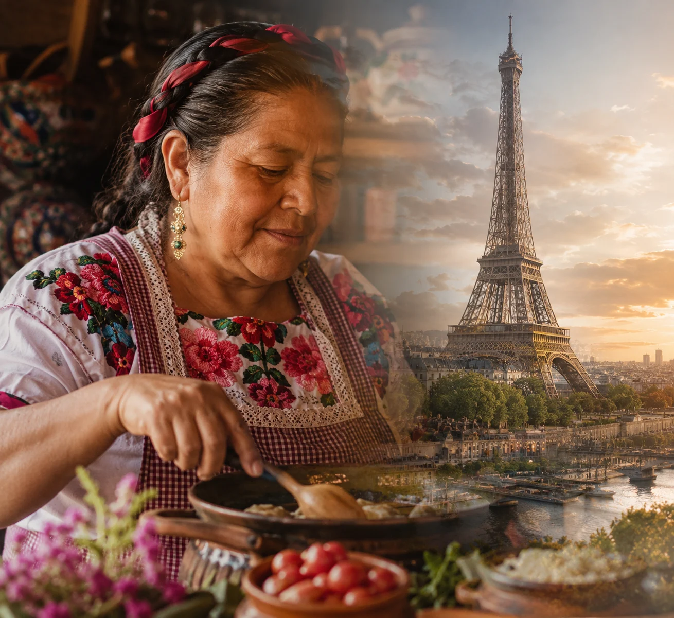 Cocinera tradicional mexiquense con la Torre Eiffel en doble exposición